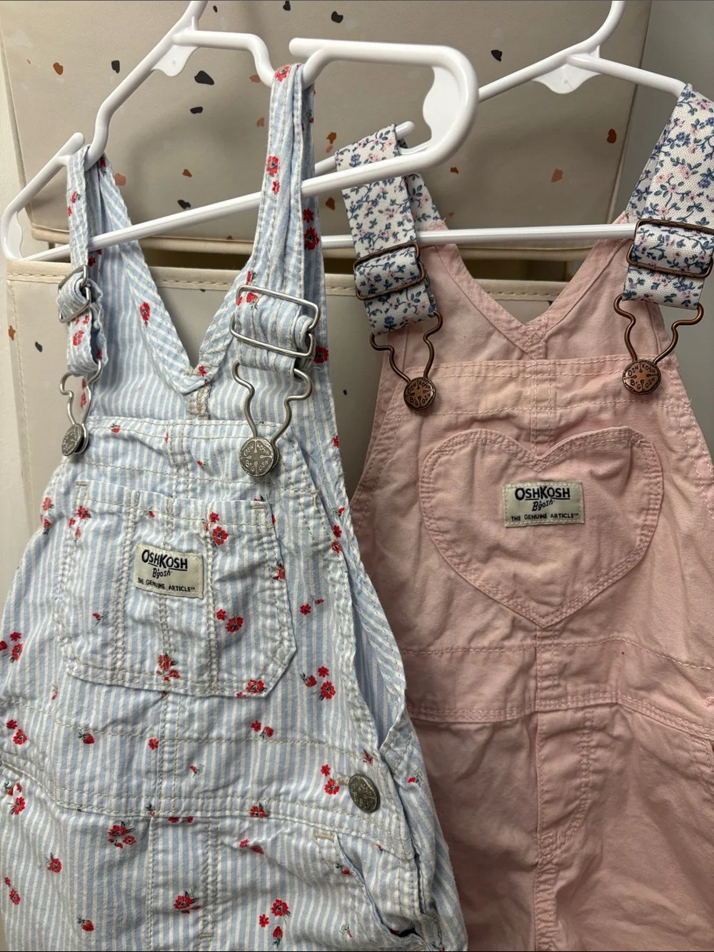 OshKosh B'gosh Pink Short Overalls & Blue Stripe Cherry Shortalls Set